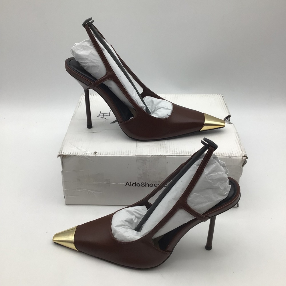 Aldo Feronia Brown Leather Gold Metal Toe Slingback Stiletto Pumps Size 8.5 NEW